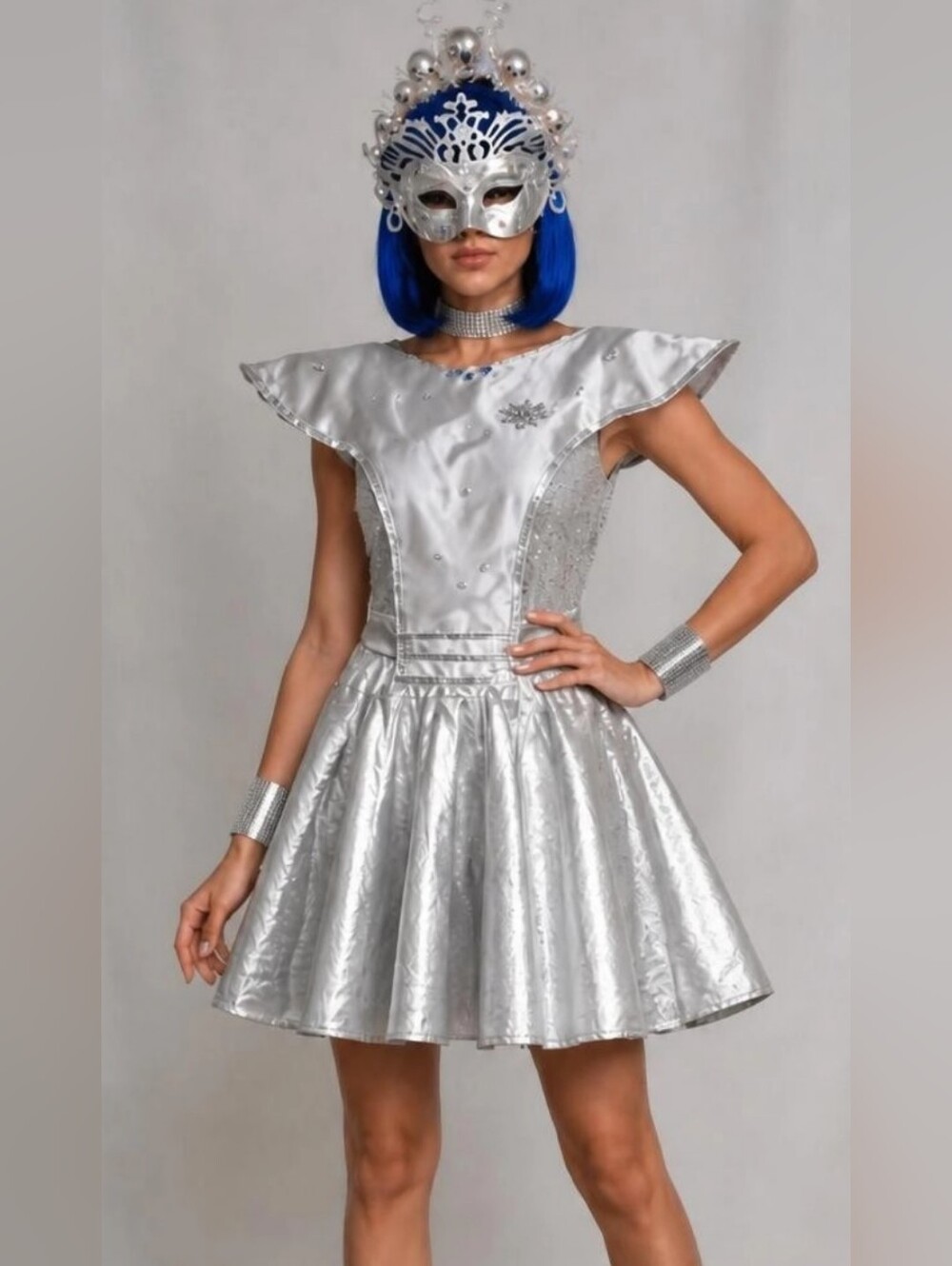 Upcycled Retro-Futuristic Silver Alien Halloween Costume Size L